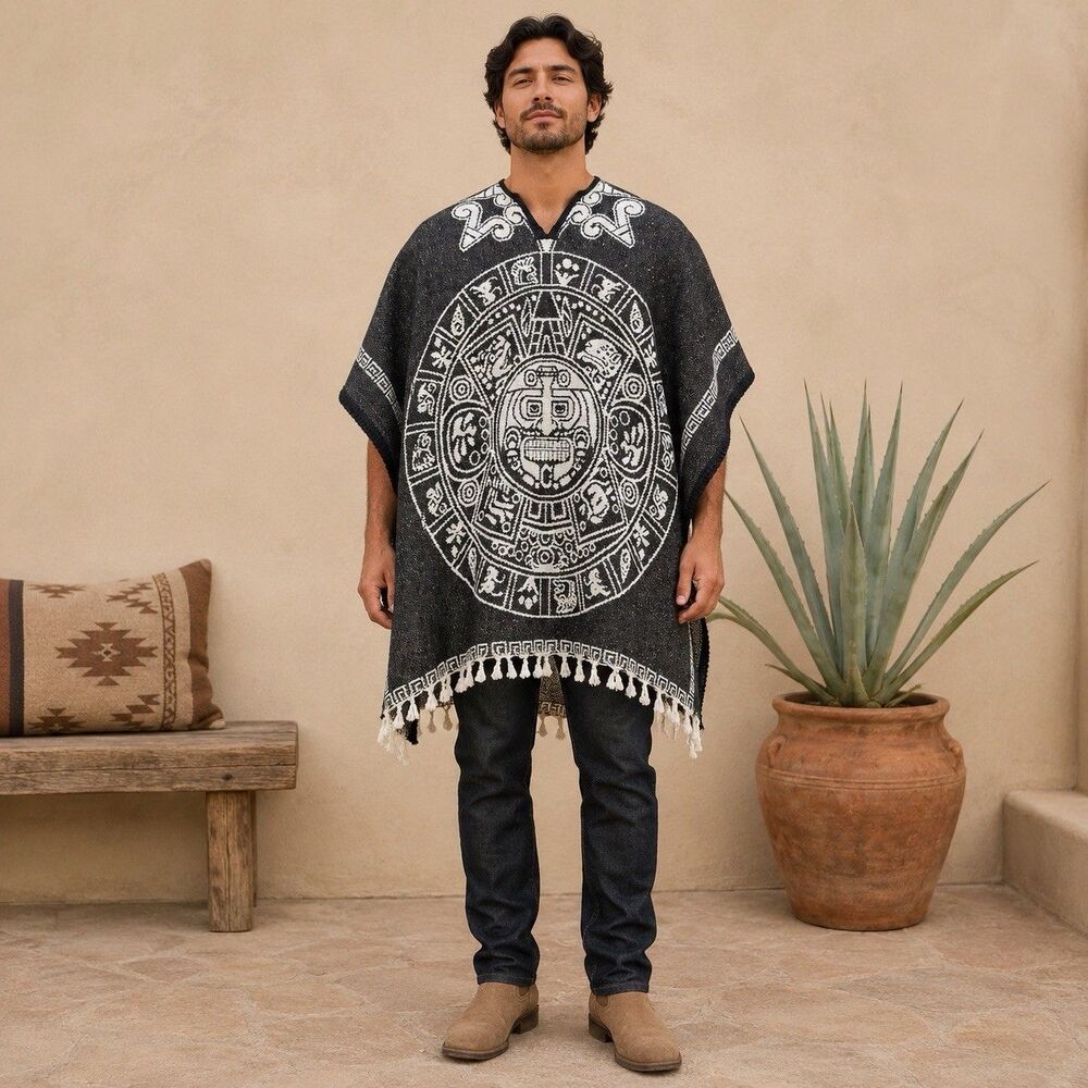 Mexican Aztec Calendar Reversible Poncho Gaban Jorongo Black White Fringe Unisex